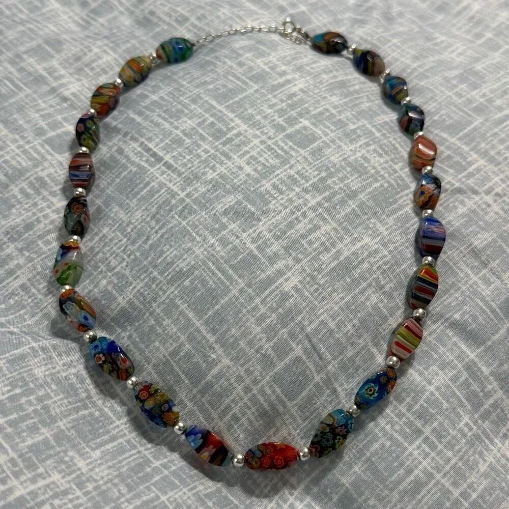 Vintage 925 Sterling Silver Italian Millefiori Art Glass Flower Bead Necklace 18